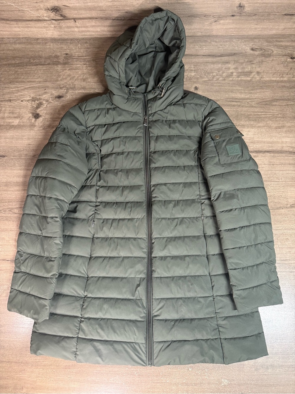 Lauren Ralph Lauren Womens L Olive Green Hooded Quilted Puffer Coat Long Jacket